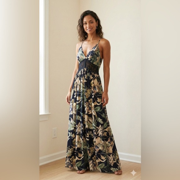Dresses & Skirts - Floral Maxi Dress with Lace Detail